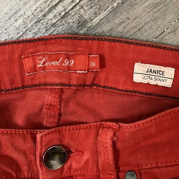 LEVEL 99 red denim four pocket pants Janice ultra skinny style size 26 - Picture 2 of 10